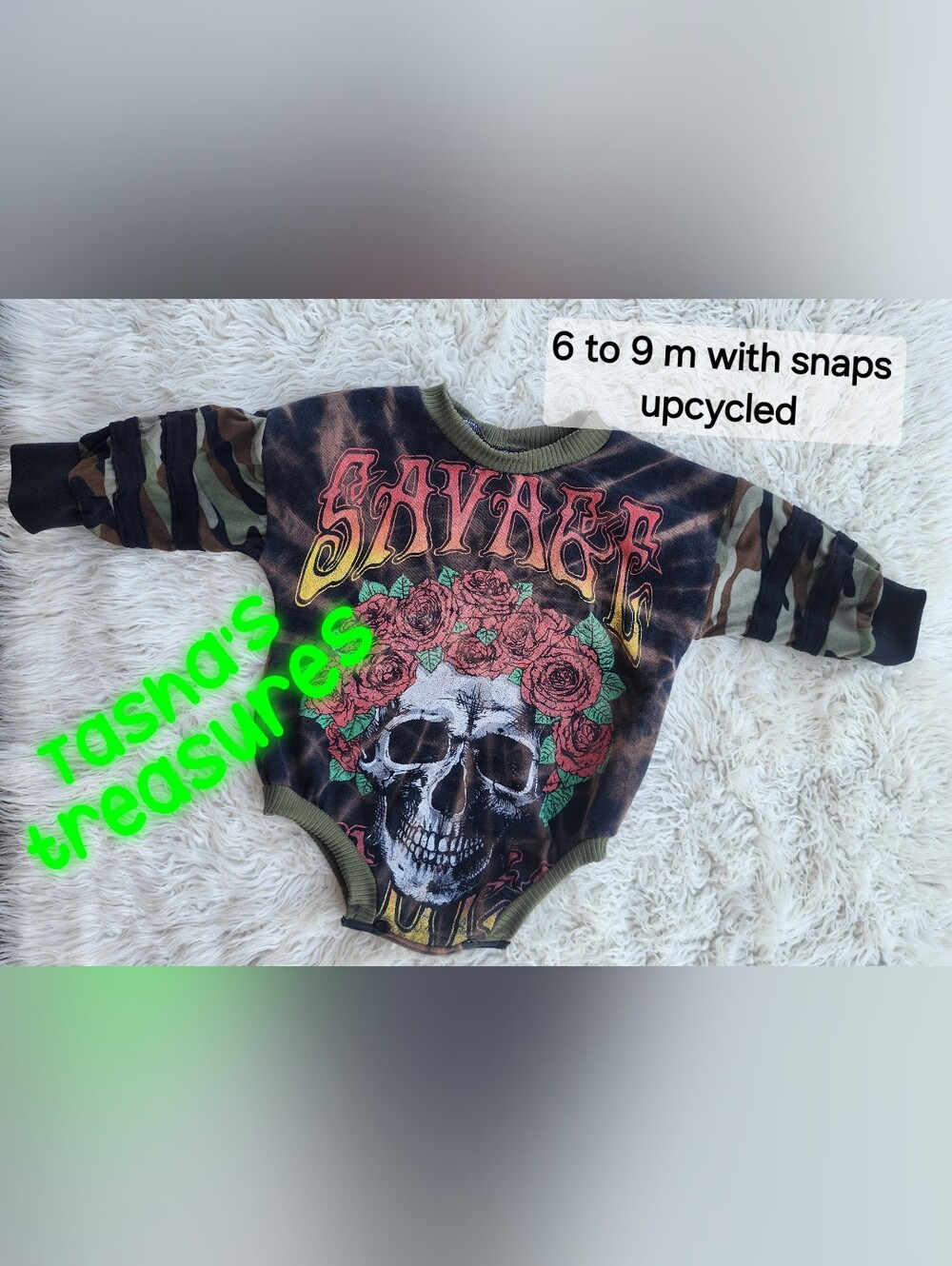 Upcycled Kids Black Tie-Dye Skull Sweater Romper Camo Savage (6-9M) Handmade